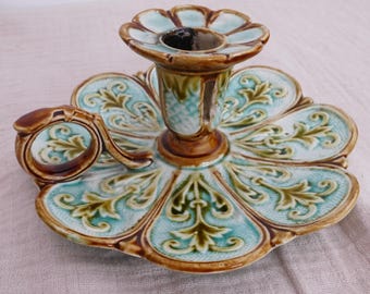 Portacandele francese antico in maiolica /