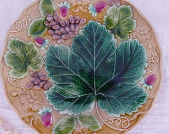 Antique English Wedgewood Majolica Plate | Strawberry Grape Vine Decor |