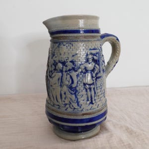 Antique German Westerwald Stoneware Relief Jug, Salt Glazed Blue & Grey Tavern Pitcher, 19th Century Medieval Scene, 22cm