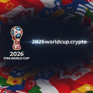 May include: A digital graphic promoting the 2026 FIFA World Cup. The image features the official trophy design, the text "2026 FIFA WORLD CUP", and the website address "2026worldcup.crypto". The background is a dark blue gradient with a collage of international flags.