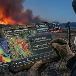 May include: A rugged tablet displaying a digital map with heat signatures and data overlays labeled Global Alert, EnvGuard Section 45, and SCIPBOT Independent Data Audit, with a stylus interacting with the screen against a wildfire background.