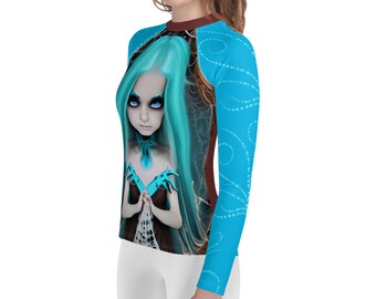 Blue Spider Girl Making a Web Youth Rash Guard