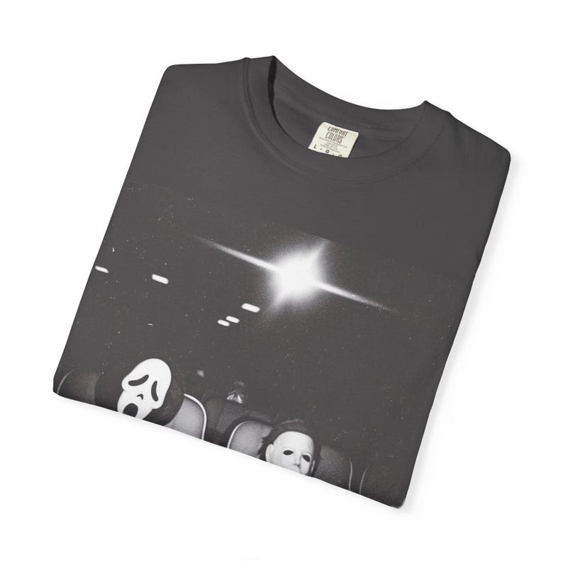 Ghostface and Michael Myers Movie Theater Shirt, Retro Slasher Horror Tee, Halloween Comfort Colors T-Shirt, Spooky Season Graphic Tee image 5
