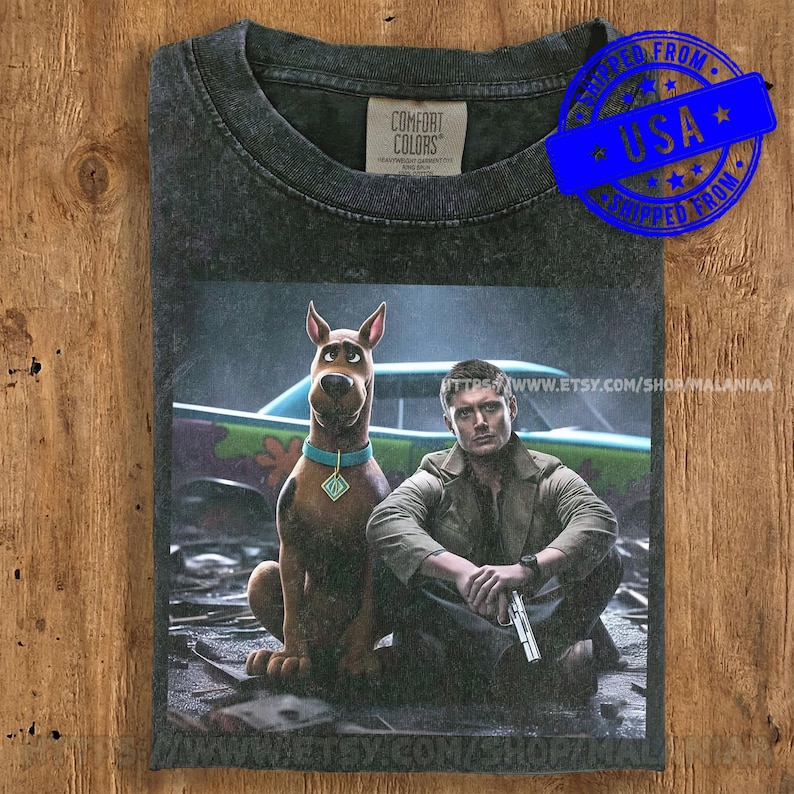 Dean Winchester and Scooby-Doo Comfort Colors Shirt, Scoobynatural Mystery Machine T-Shirt, Jensen Ackles Fan Gift, Supernatural Vintage Tee image 1