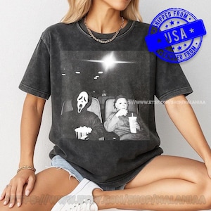 Ghostface and Michael Myers Movie Theater Shirt, Retro Slasher Horror Tee, Halloween Comfort Colors T-Shirt, Spooky Season Graphic Tee image 2