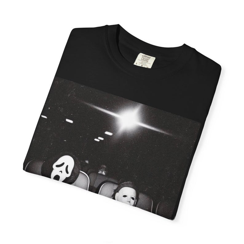 Ghostface and Michael Myers Movie Theater Shirt, Retro Slasher Horror Tee, Halloween Comfort Colors T-Shirt, Spooky Season Graphic Tee image 4