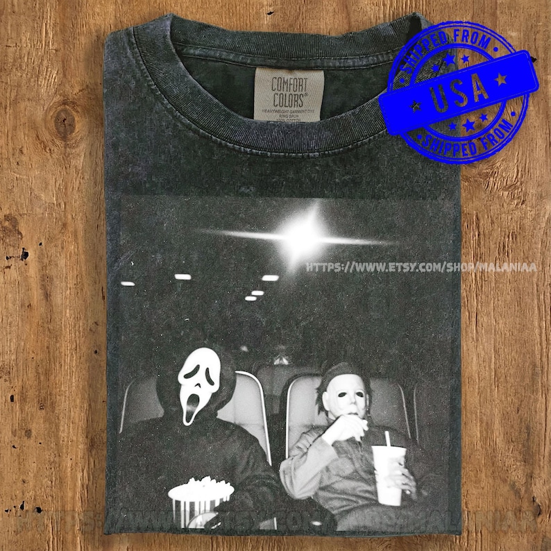 Ghostface and Michael Myers Movie Theater Shirt, Retro Slasher Horror Tee, Halloween Comfort Colors T-Shirt, Spooky Season Graphic Tee image 1