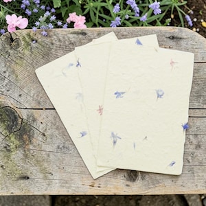 May include: Three rectangular sheets of off-white handmade paper with a textured surface. Each sheet is embedded with small, dried blue and pink flower petals scattered across the paper, featuring deckled edges and a fibrous, organic appearance.