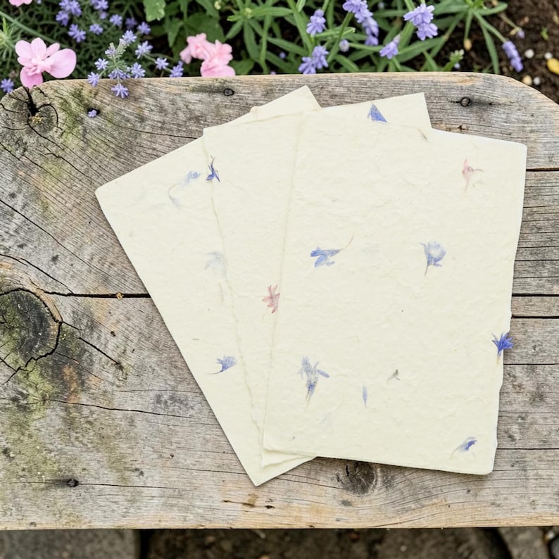 May include: Three rectangular sheets of off-white handmade paper with a textured surface. Each sheet is embedded with small, dried blue and pink flower petals scattered across the paper, featuring deckled edges and a fibrous, organic appearance.