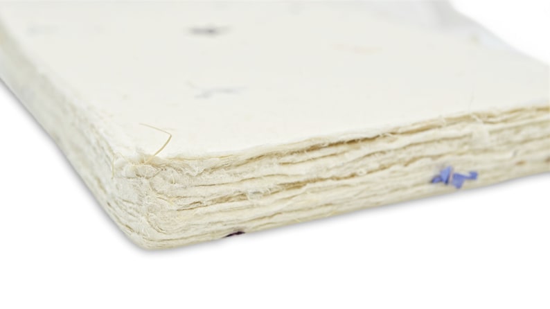 May include: A stack of off-white handmade paper with a rough, deckled edge. The paper has a fibrous, textured surface with small embedded dark specks and a single visible blue petal fragment protruding from the side of the layered stack.