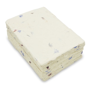 May include: A rectangular stack of off-white handmade paper sheets with a textured, deckled edge. The paper is embedded with small, scattered dried flower petals in shades of blue and purple, visible on the top surface and along the layered sides.