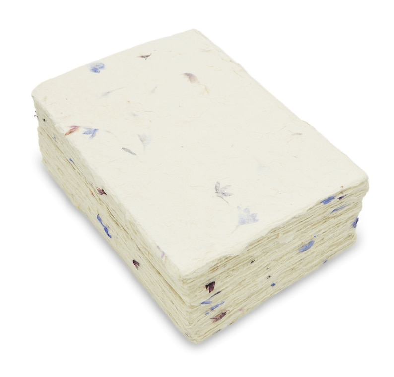 May include: A rectangular stack of off-white handmade paper sheets with a textured, deckled edge. The paper is embedded with small, scattered dried flower petals in shades of blue and purple, visible on the top surface and along the layered sides.