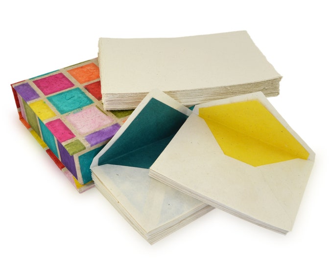 Vintage Stationery Gift Box Set with 50 Handmade A5 Deckle-edge Lokta Paper Sheets and 30 Envelopes (Rainbow Squares)