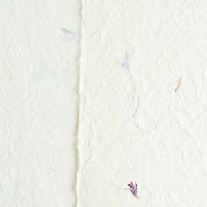 May include: A sheet of off-white handmade paper with a rough, deckled edge running vertically down the center. The paper has a textured, fibrous surface embedded with small, scattered purple and blue dried flower petals throughout the material.