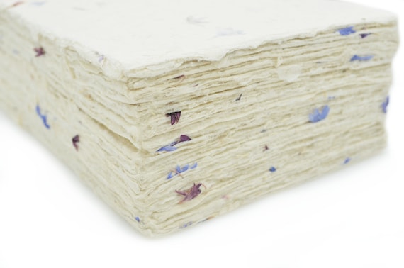 Handmade Lokta Card Stock Paper: 5x7 Cornflower Petals, Deckle Edge