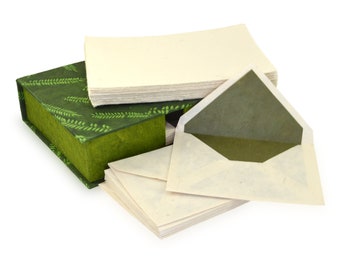 Vintage Stationery Gift Box Set with 50 Handmade A5 Deckle-edge Lokta Paper Sheets and 30 Envelopes (Fern Leaf)