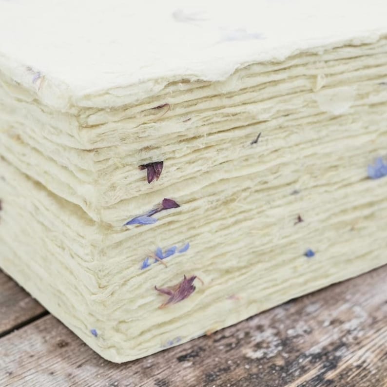 May include: A thick stack of off-white handmade paper sheets with rough, deckled edges. The paper has a fibrous, textured surface and is embedded with small, dried purple and blue flower petals scattered throughout the layers of the paper stack.