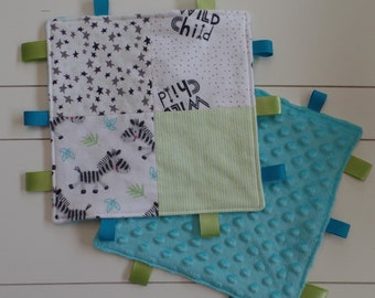 Flannel Zebra Tag Blanket / Mini Tag Blanket - Zoo Nursery Theme - Wild Child - Sensory Toy - Minky Lovey - Zebra Baby - Blue & Green Decor