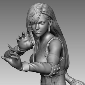 Könnte beinhalten: Graustufen 3D-gedruckte Figur eines weiblichen Charakters in einer dynamischen Pose. Sie hat lange Haare, ein ärmelloses Oberteil und Armschützer. Die Hände der Figur sind ausgestreckt, was auf Action hindeutet. Das Gesamtdesign ist detailliert und künstlerisch.