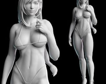 Könnte beinhalten: Eine 3D-gerenderte, graustufige Figur einer Frau in einem Bikini. Die Figur befindet sich in einer stehenden Pose, mit einem Arm erhoben. Ein zweites, kleineres Bild der Figur befindet sich rechts. Die Figur steht auf einem runden Sockel.