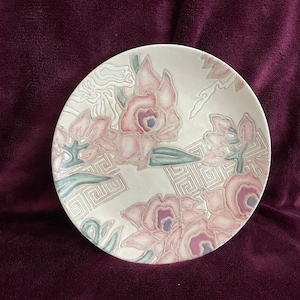 Vintage TOYO Decorative Plate Hand Painted Raised Flower Macau Pink Green China
