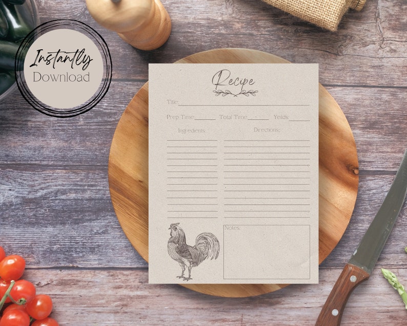 Rustic Farmhouse 8.5X11 Printable Recipe Template Downladable and ...