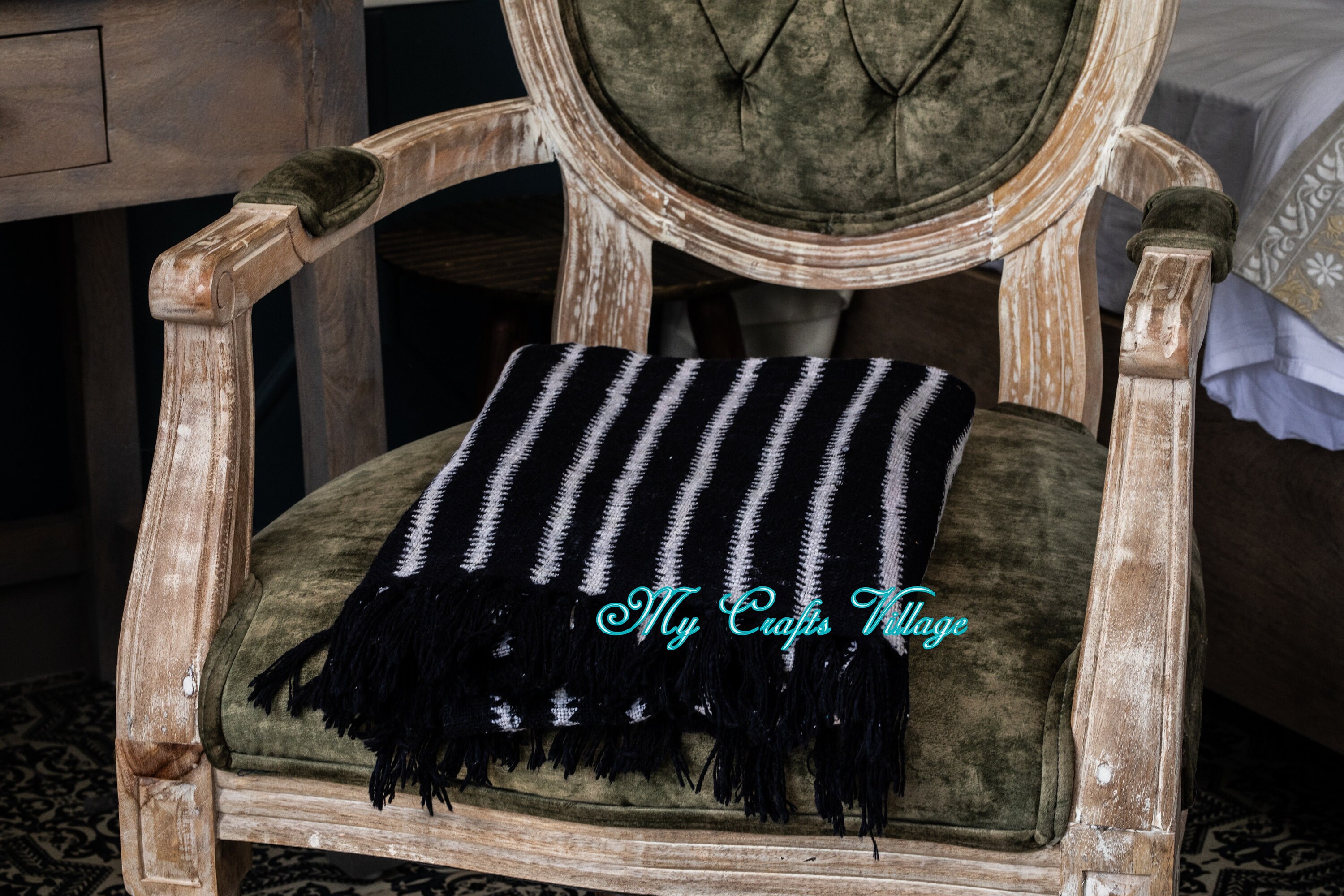 Black & White Blanket Fringed Striped Linen For Home Armchair Etsy