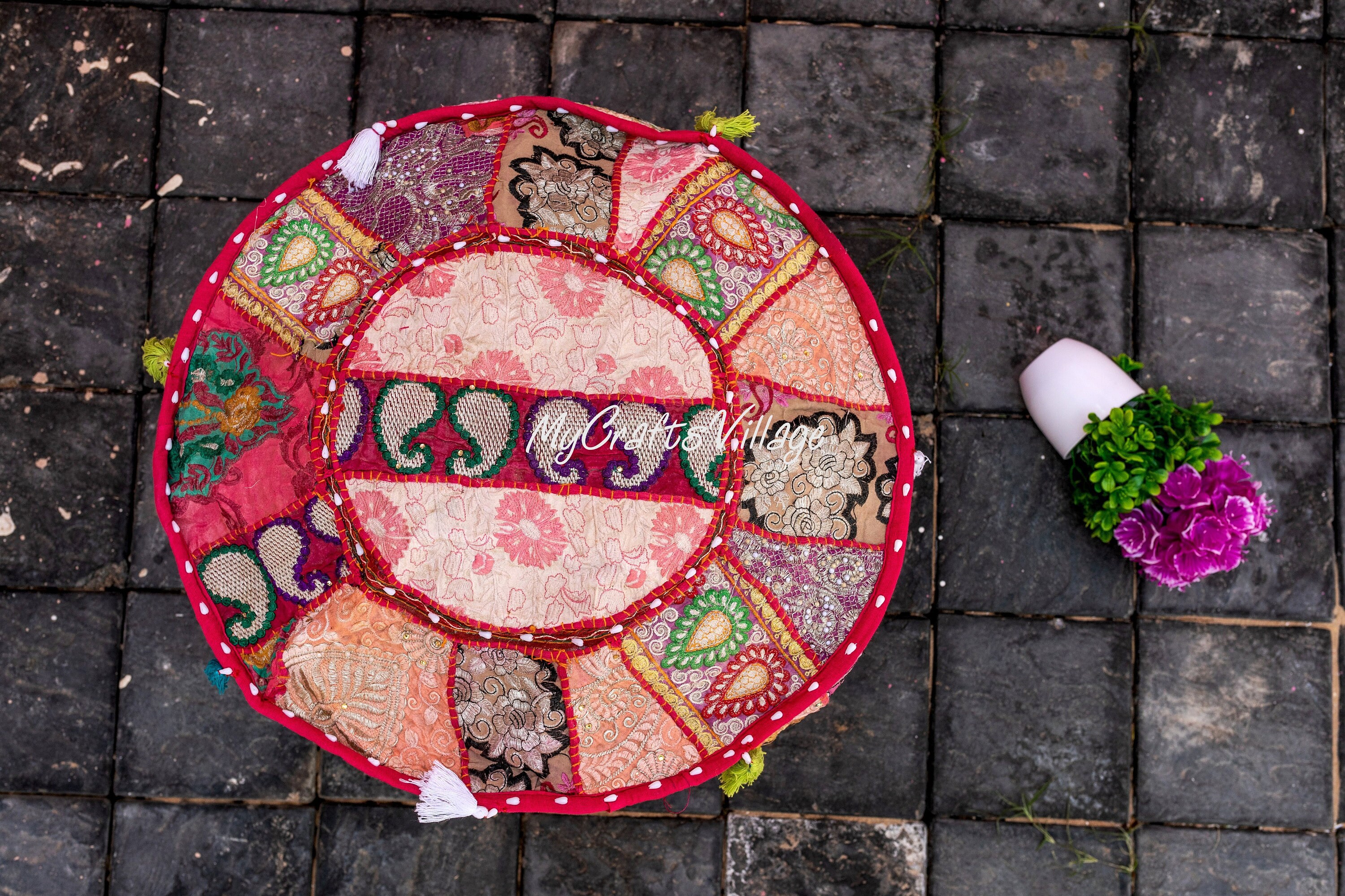 Boho rosa Runde Sitz Pouf Abdeckung osmanische Möbel | Etsy
