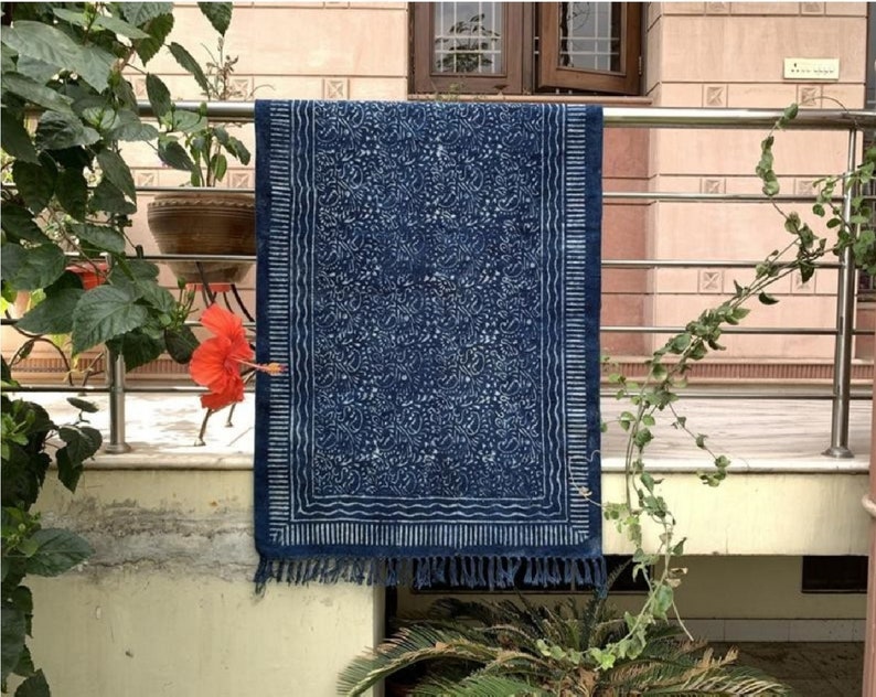 Indigo Blue Dhurrie Hand Block Printed Mudcloth Rug Handmade Woven Floor Fringe Carpet Bohemian Handloom Textile Wedding Gifts for Him
