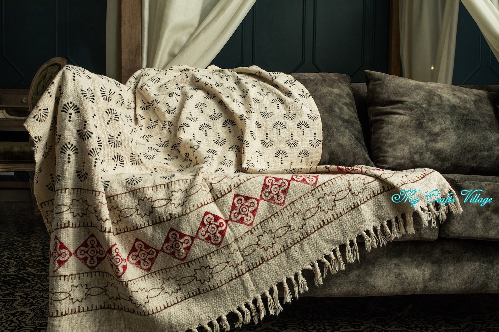 Turkish Cotton Throw Blanket Bohemian Throw Foliage Pattern Etsy