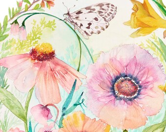 Flower and butterfly print; 8x10 inch; Watercolour Flower; Butterfly art; Butterfly and flowers; art gift for nature lover; Pretty Blooms