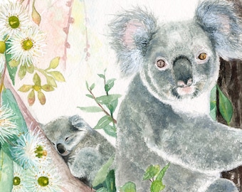Koala Print; 8x10; A3 print; A2 print; Koala painting; Koala in tree; Australian koala; Koala and baby; Art gift for nature lovers