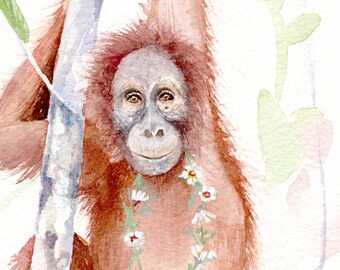 Orangutan art; Watercolour Orangutan; Ape Art; Gift for animal lover; A4 art print; Wildlife friends; Monkey art