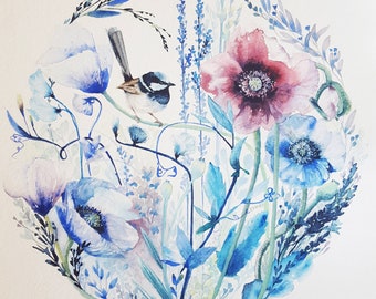 Custom made Floral watercolour painting; 22cm circle; Custom bird and floral painting