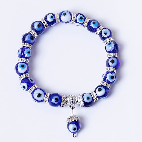 Stretch Turkish evil eye bracelet, Beaded glass Greek evil eye bracelet, Dark Blue, Navy, Multicolor, Blue, White, Unisex