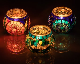 Mosaïque marocaine verre thé lumière bougeoir ensembles de 3, bougeoirs turcs faits à la main milieu du siècle, bougeoirs pour la décoration intérieure boho