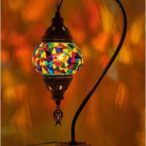 KAFTHAN Turkish Moroccan Mosaic Glass Swan Neck Table Lamp, Handmade Mosaic Glass Bedside Lamp, Unique Decor