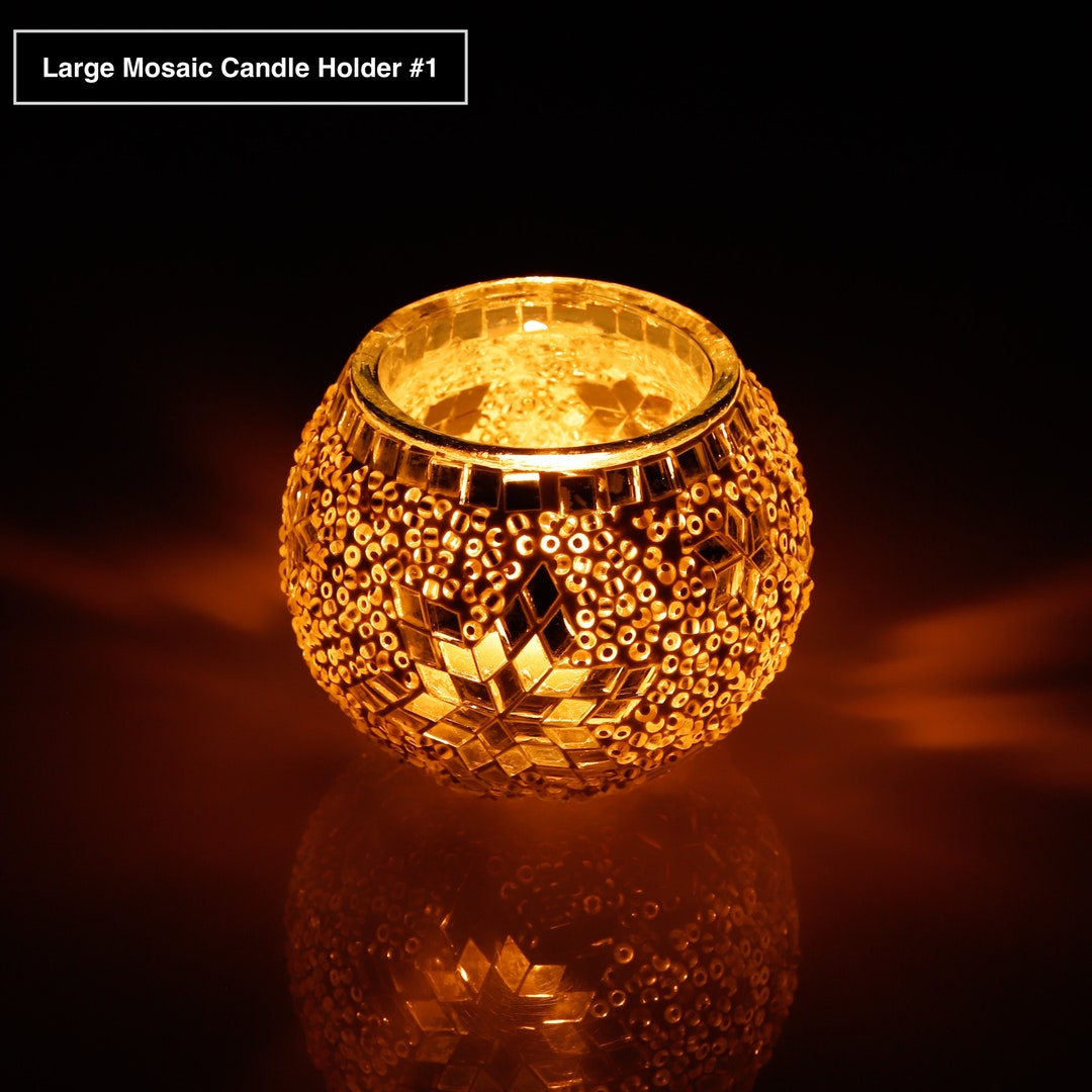 Large Glass Mosaic Candle Holders, Turkish Handmade Mid Century Candle