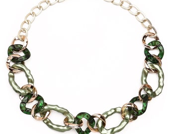 Unique Gold Plated Light and Dark Green Chunky Chain Link Acrylic Resin Statement Necklace, Chunky link Necklace, Beach Necklace Gift