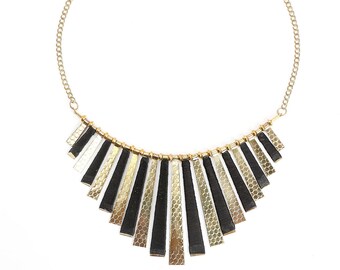 Boho Vibes Fringe Bib Necklace, Statement Tribal Metal Spikes Necklace, Choker Jewelry, Black Silk Yarn, Gold Plated Necklace