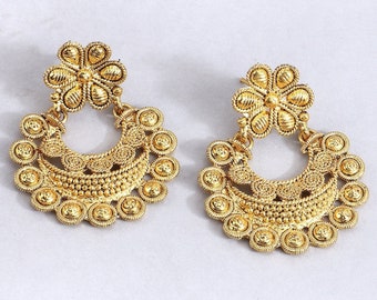 Beautiful Gold Plated Handcrafted Chandbali Earrings, Semicircle Earrings, Dangle Earrings, Traditional Earrings