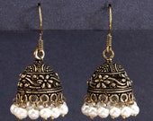 Oxidized Gold Plated Fashion Minimal Jhumka Earrings with White Synthetic Pearl, Oxidised Earrings for Women and girls, Jhumki Earrings