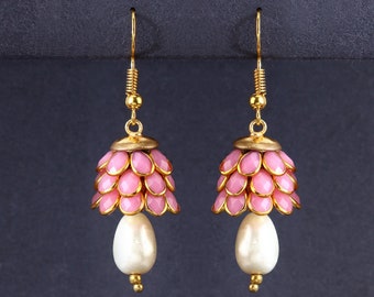 Traditional Rajasthani Pink Paachi Gold Plated Brass Earrings with Pearl for Women and Girls, Fish Hook Earrings, Gift For Her