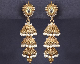 Graduate Style Gold Plated Earrings with White Synthetic Pearl & White small Cubic stones, Green Enamel, Jhumki Earrings, Dangle Earrings