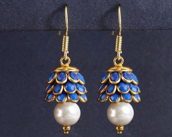 Beautiful Gold Plated Paachi Jhumki Earrings for Women and Girls with Blue Stone & White Synthetic Pearl, Fish Hook Earrings, Gift For Her