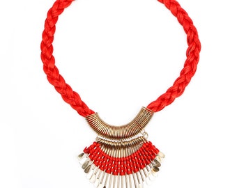Tribal Inspired Metal Spikes with Red Silk Yarn Gold Plated Necklace, Tribal Necklace, Hand weaved Jewelry, Choker Necklace