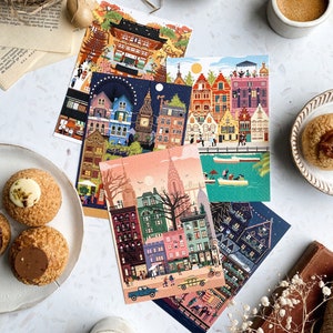 Set of 5 Retro City postcards / London postcard / Colmar postcard / New York postcard / travel postcards / Bruges postcard / Kyoto print image 3