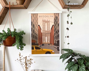 Vintage Brooklyn Bridge Print: Yellow Cab, New York Wall Art