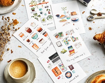 Set de 5 casas de café hechas a mano brunch bookish postales / Urban Jungle postal / Coffee lover postcard / Bookish card / Social Media card