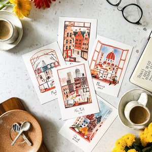 Ensemble de 5 cartes City faites à la main / carte postale new-yorkaise faite à la main / carte postale Gdansk / carte postale de Montréal / carte postale de Florence / carte postale d’Édimbourg /